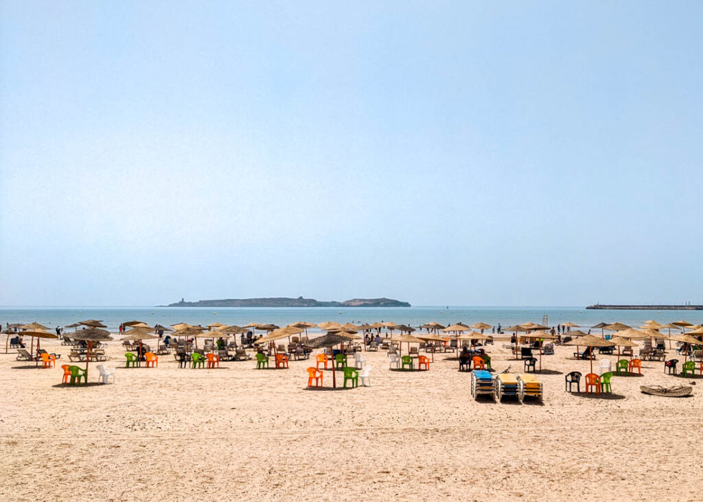 sunbeds laid out in Essaouira in July